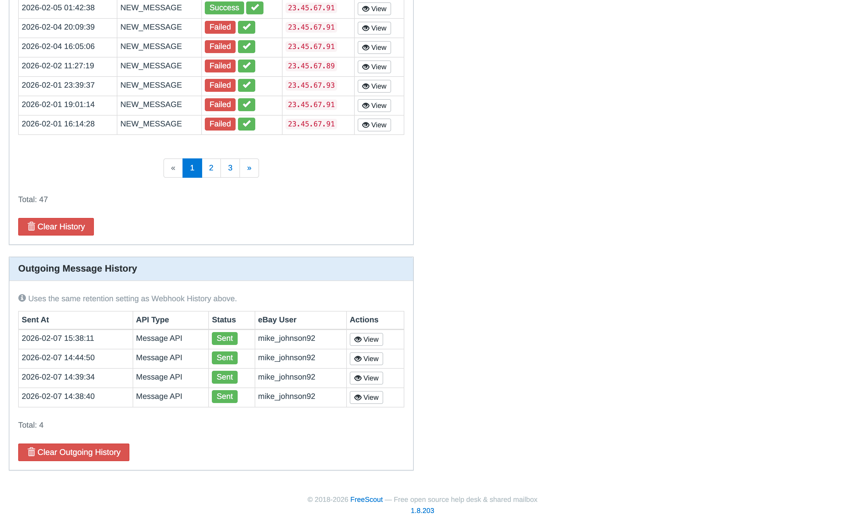 Outgoing message history showing sent eBay API calls with delivery confirmation