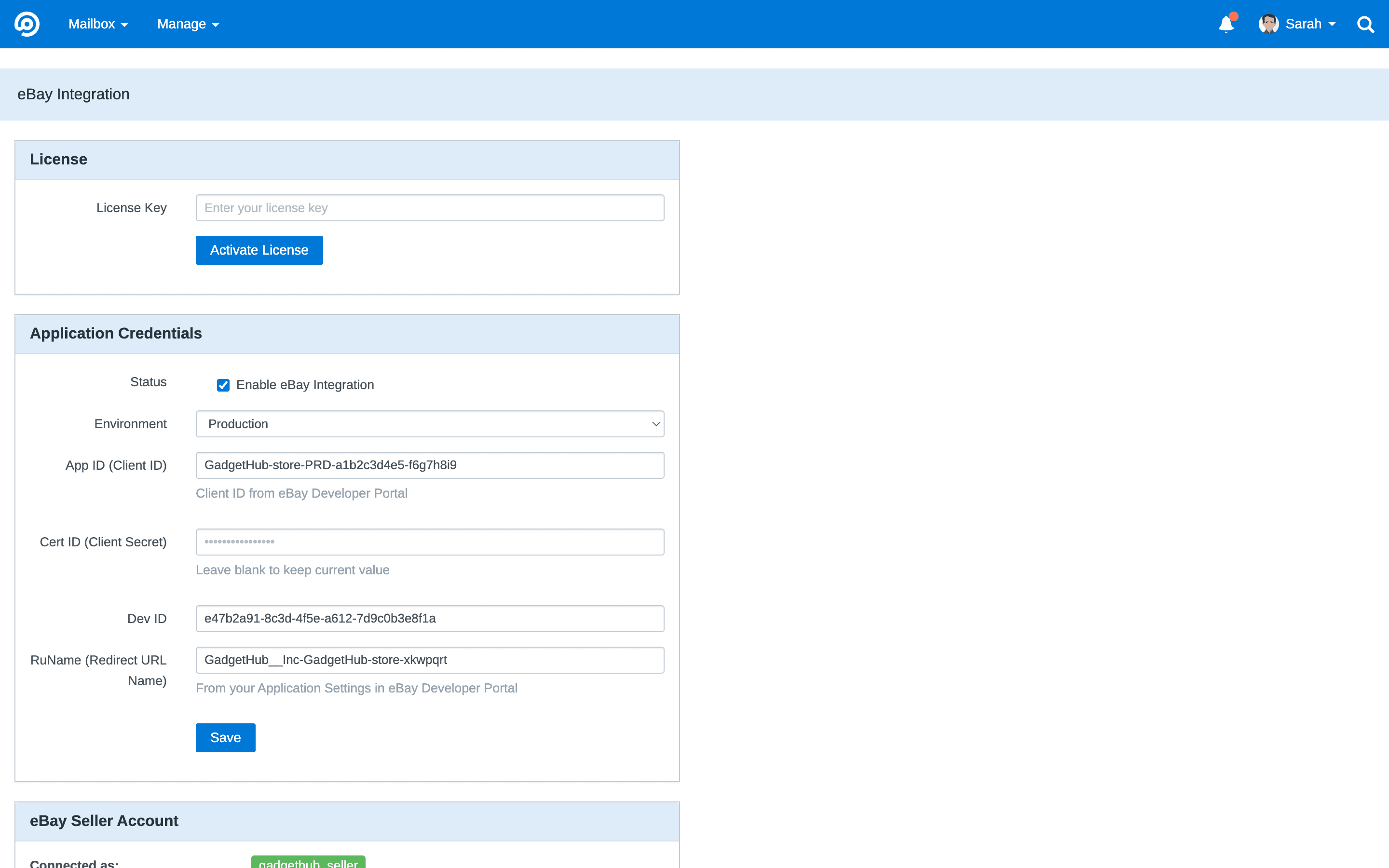 FreeScout eBay module settings page showing application credentials and seller account connection