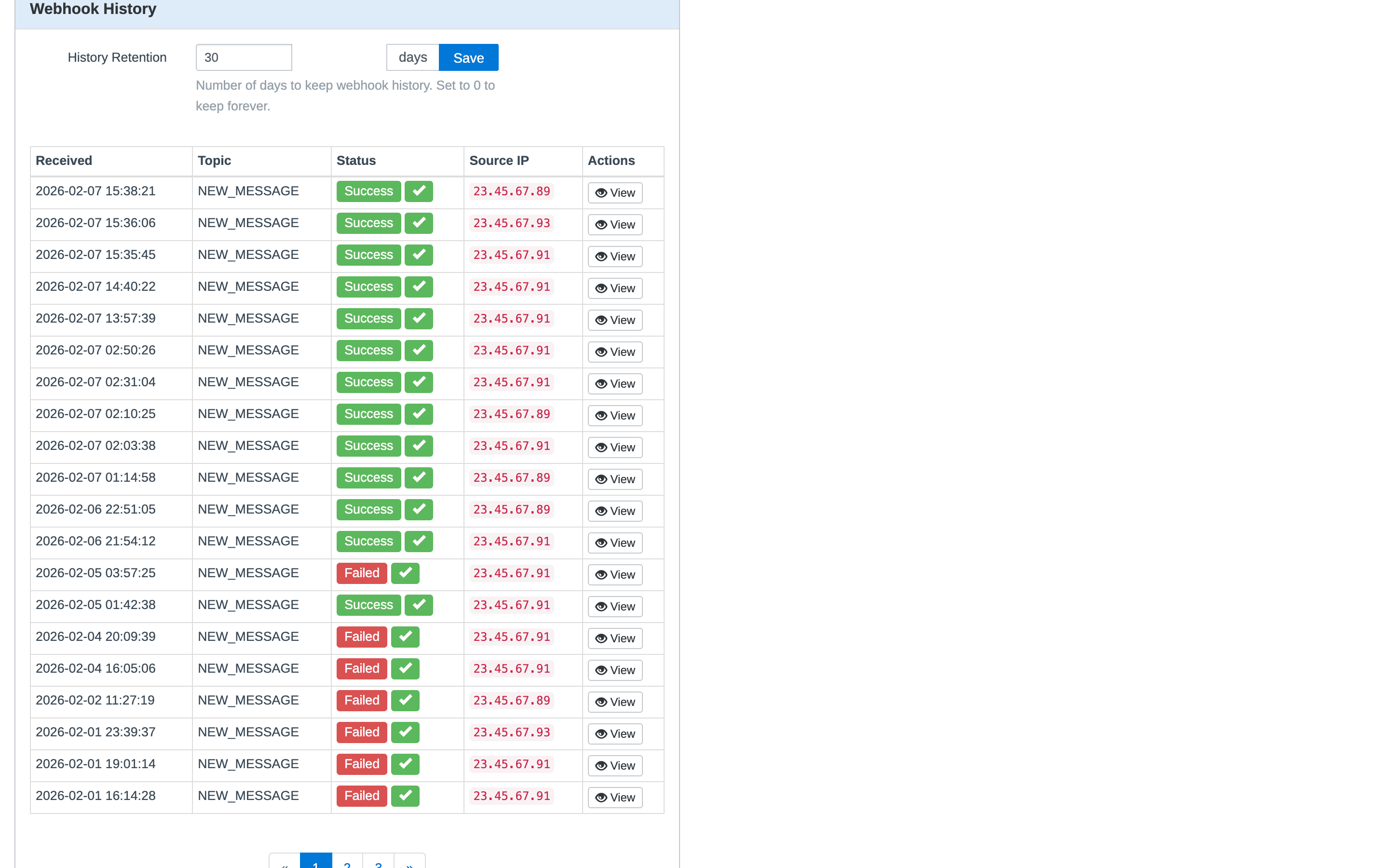 Webhook history table showing received eBay notifications with success and failure status