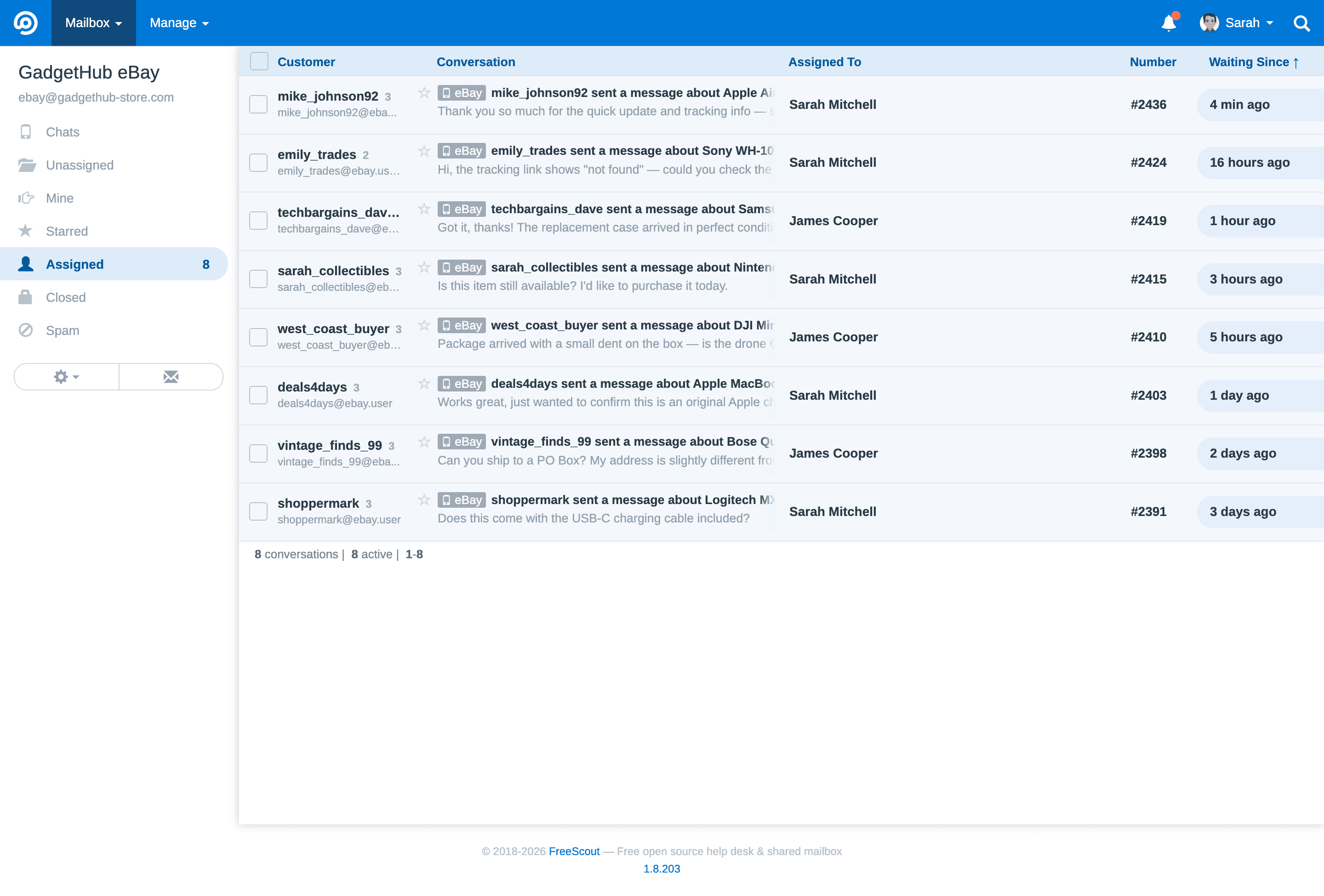 FreeScout inbox showing list of eBay buyer conversations with status and assignment