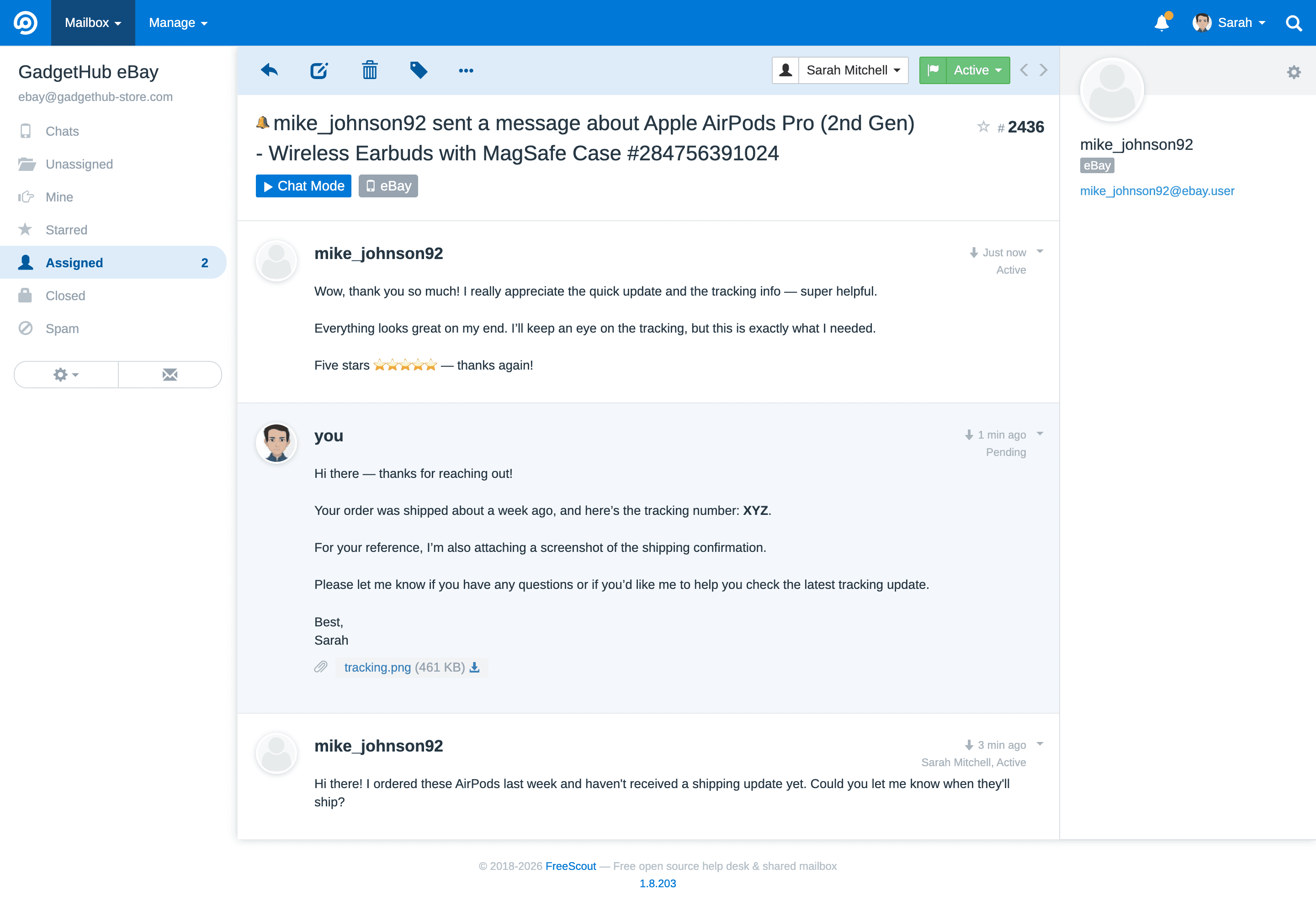 eBay buyer conversation thread inside FreeScout helpdesk showing two-way messaging